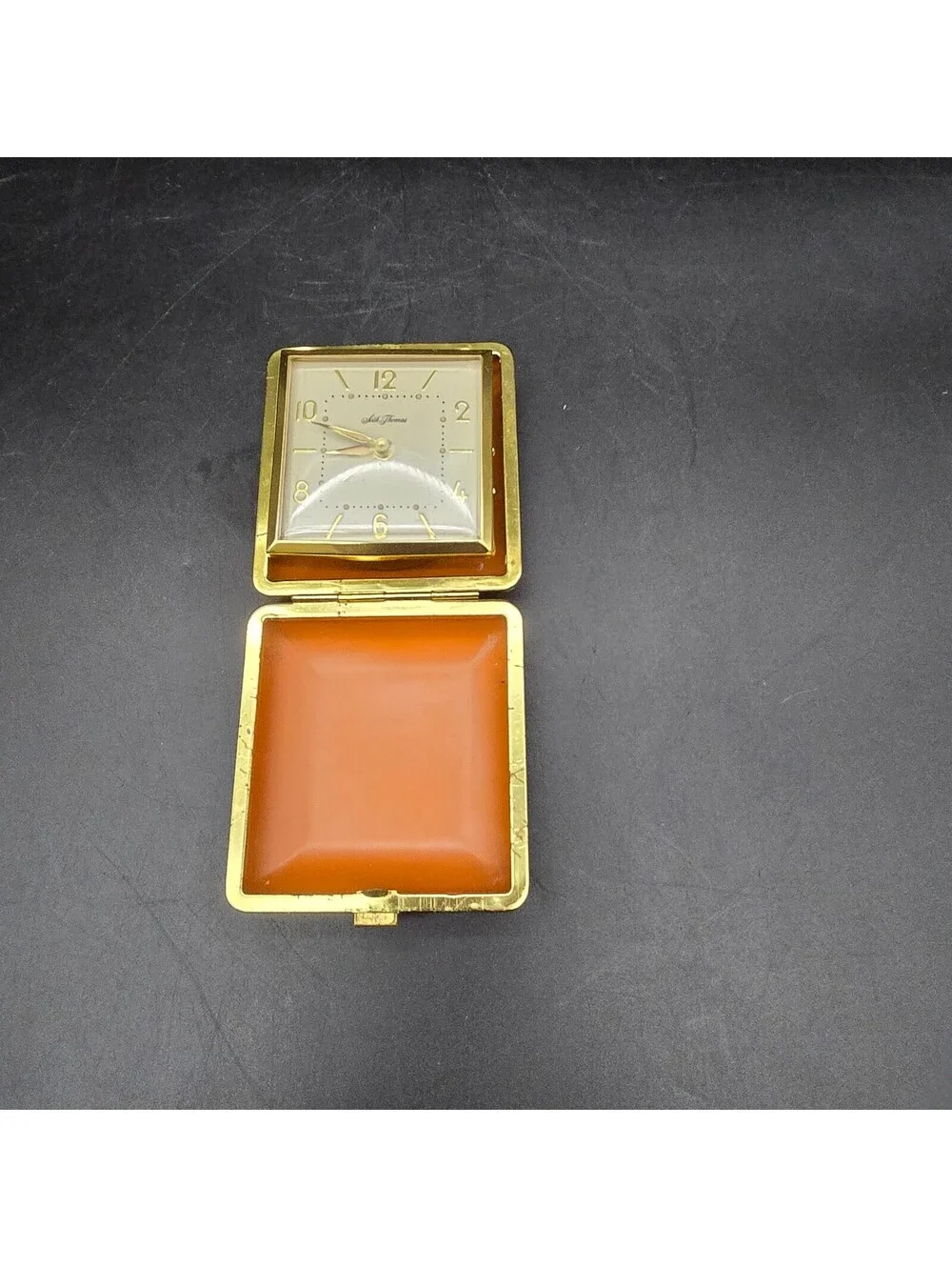 Vintage Seth Thomas Travel Alarm Clock Orange Leather Case Working Mid Century